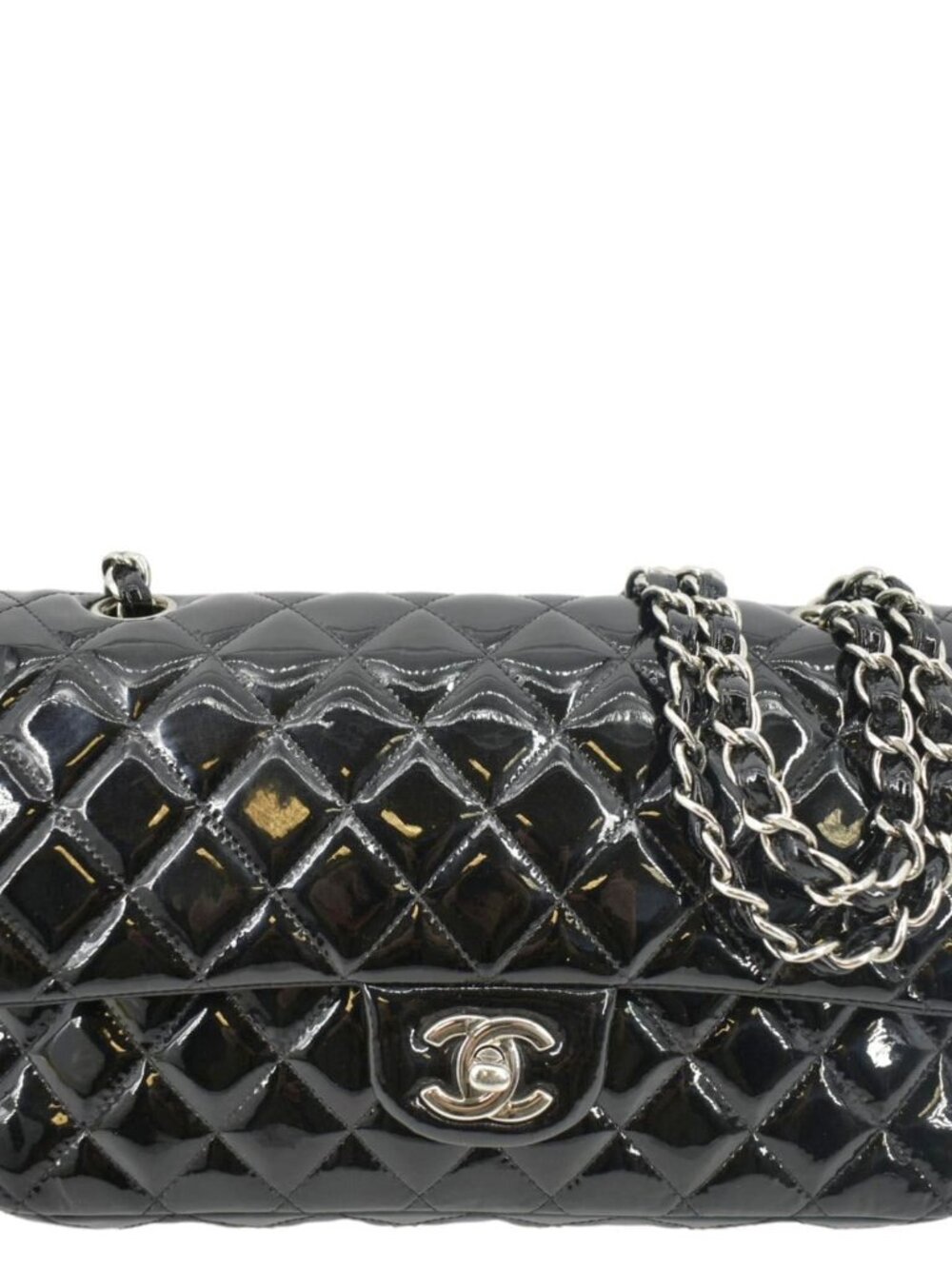 Chanel Classic Medium Double Flap Patent Leather Shoulder Bag Black